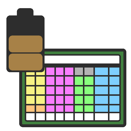 A drawing of an AAC device with a battery in the upper left, which has two yellow bars.